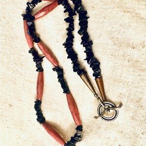 JAY KING Necklace 23.5” Vintage Art Deco Pink Rhodonite Black Onyx Pewter Clasp